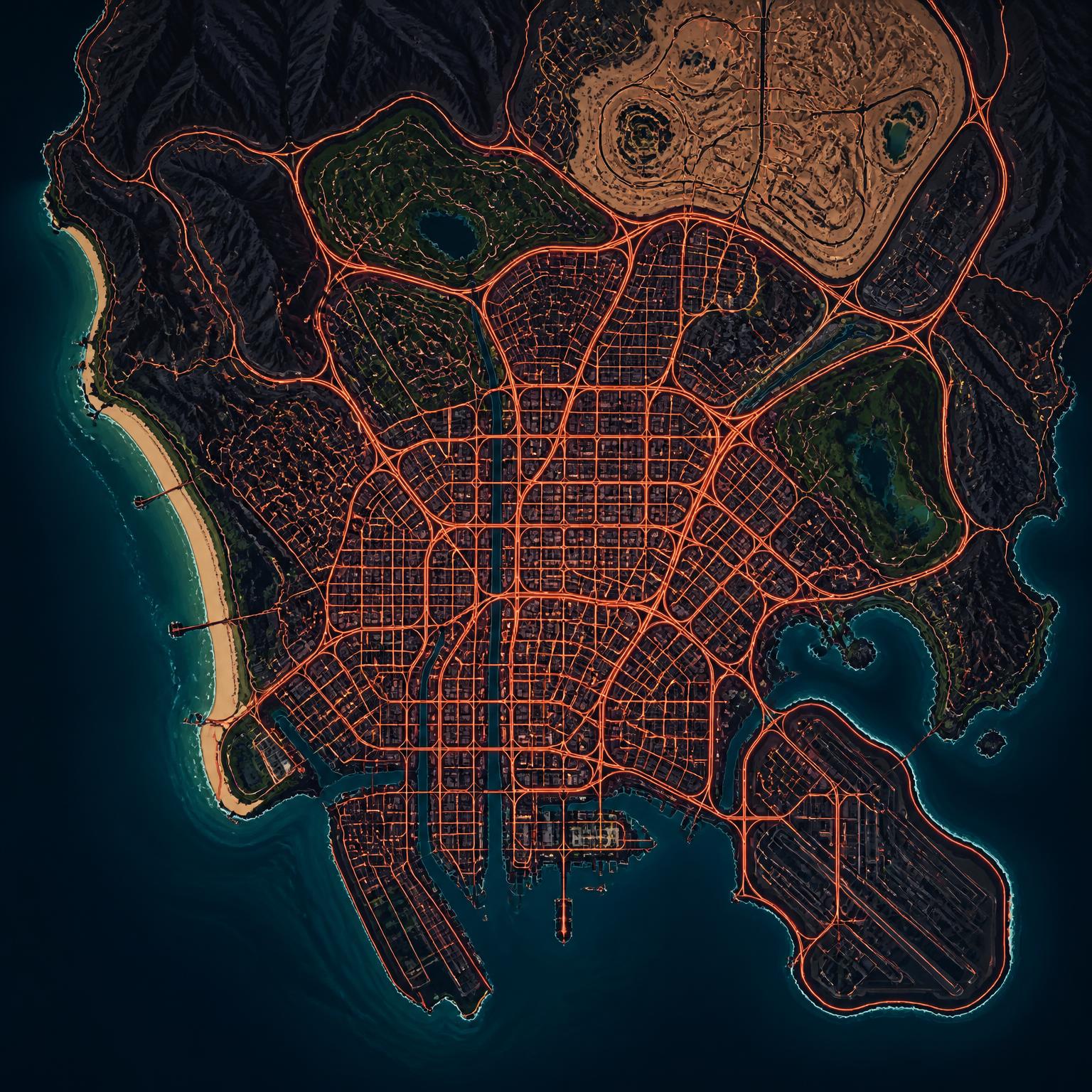 Carte stylisée de Los Santos avec ses routes, plages et districts